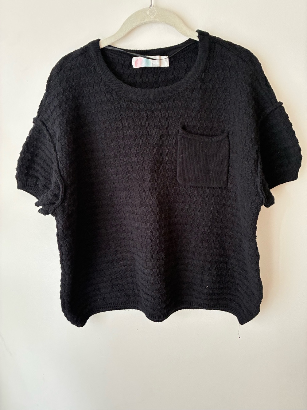 Free People FP Beach Women’s L Black Textured Knit Pocket Short Sleeve Sweater